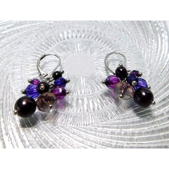 Dangle Cluster Beaded Earrings Purple Black Beads Lever Back Closure - Picture 5 of 6